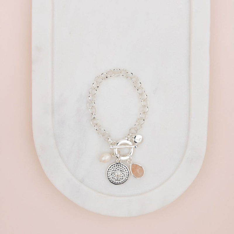 Silver Pattern Disc, Pearl, Pink Pendant Bracelet