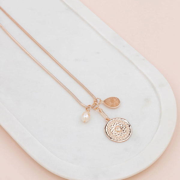 Rose Gold Pattern Disc, Pearl, Pink Pendant Necklace