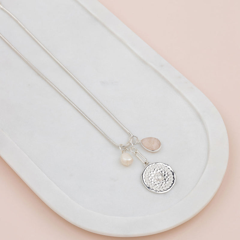 Silver Pattern Disc, Pearl, Pink Pendant Necklace