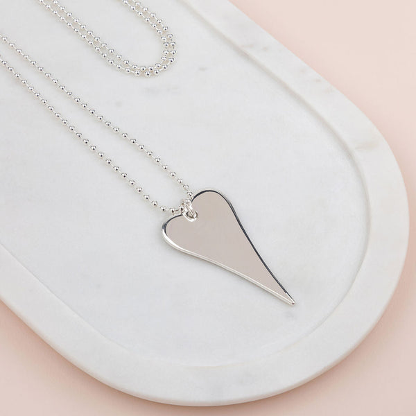 Stunning Long Silver Flat Heart Necklace