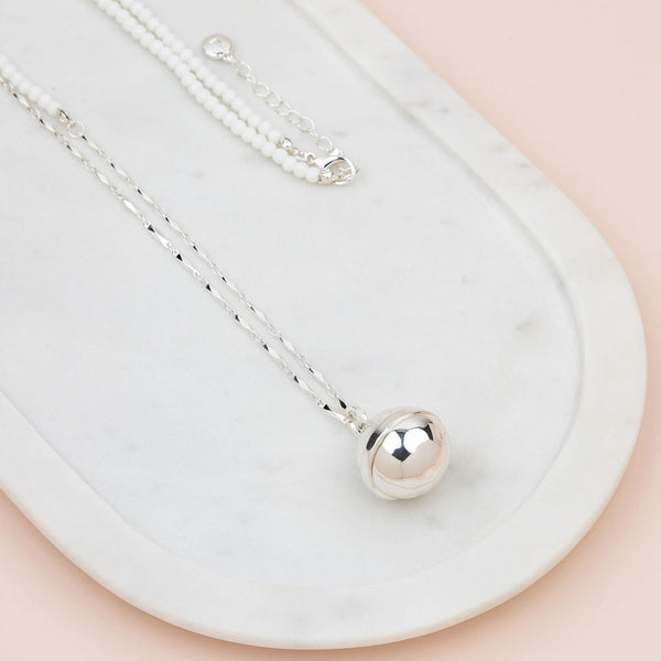 White Bead w Silver Chain Ball Necklace
