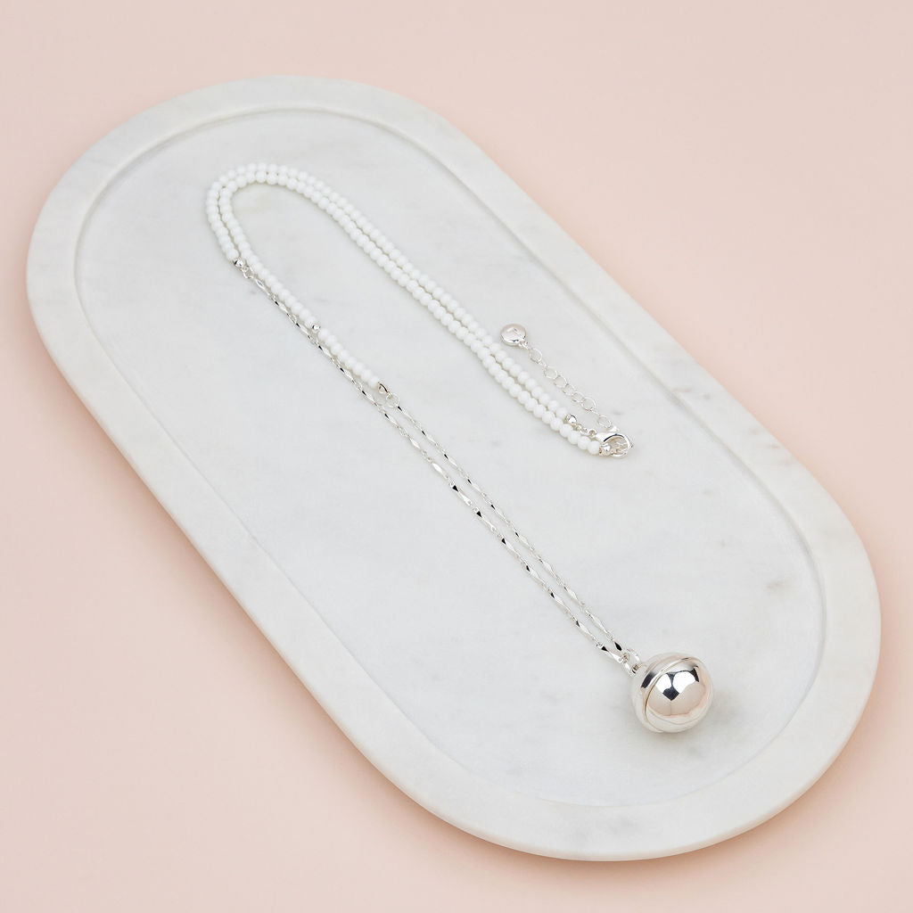 White Bead w Silver Chain Ball Necklace
