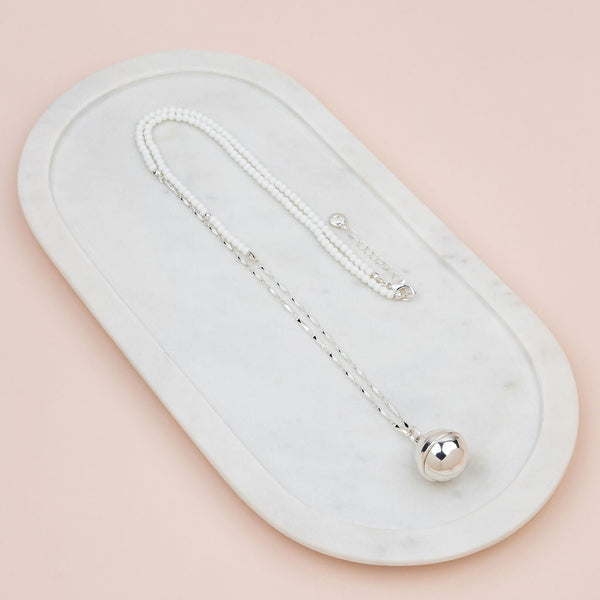 White Bead w Silver Chain Ball Necklace