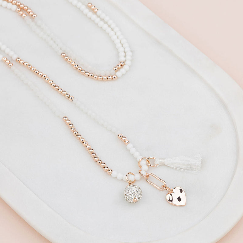 Rose Gold and White Bead Tassel Necklace