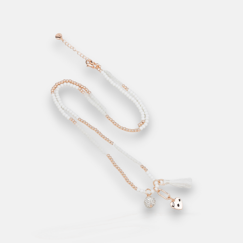 Rose Gold and White Bead Tassel Necklace
