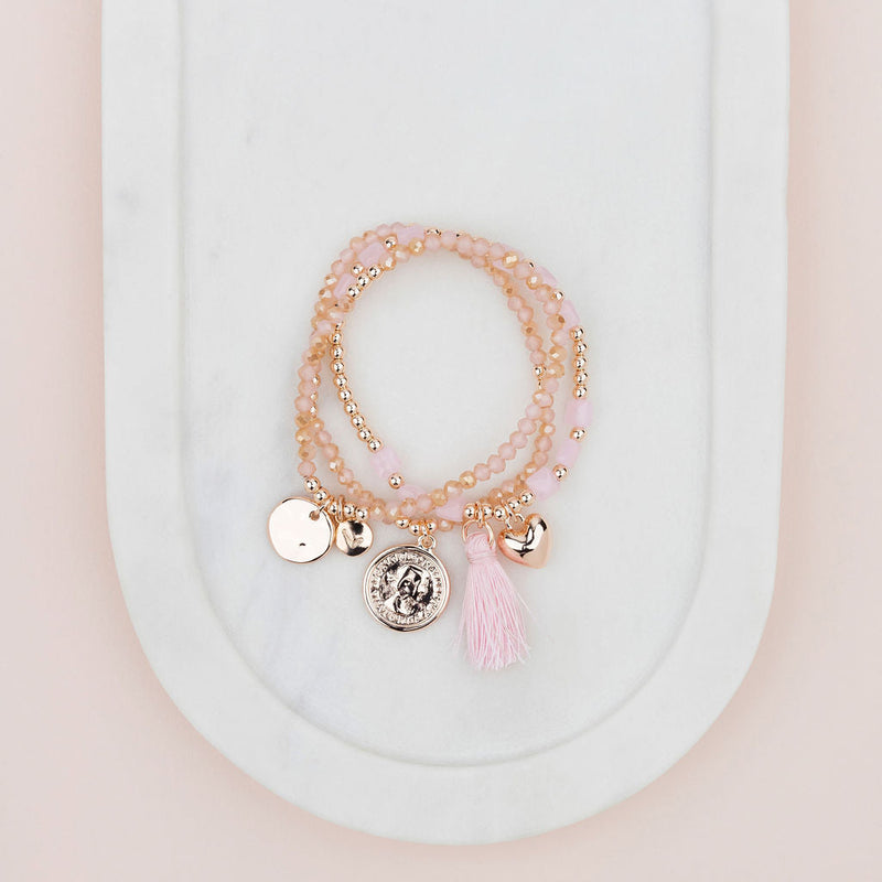 Rose Gold Coin on Pink Quartz Stone Bracelet