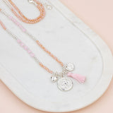 Silver Coin on Rose Quartz Bead Long Necklace