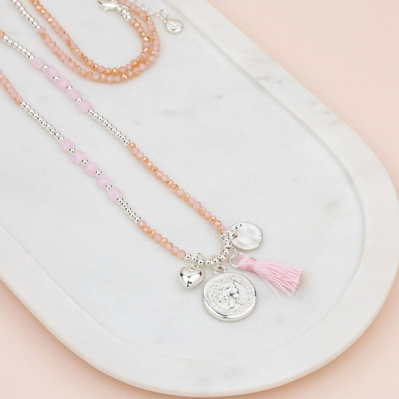 Silver Coin on Rose Quartz Bead Long Necklace