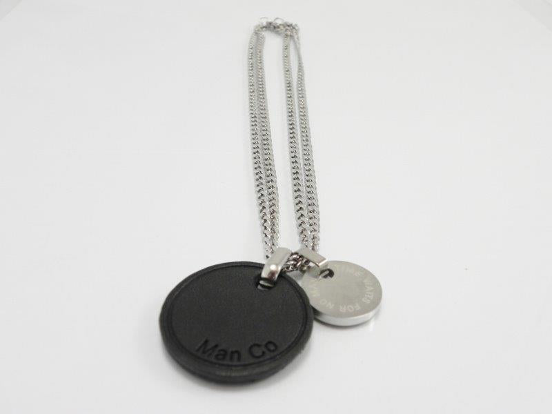 Mens - Black Leather Pendant With Stainless Steel Chain Necklace