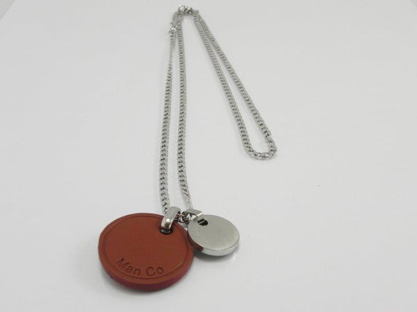 ManCo | Brown Leather Pendant With Stainless Steel Chain Necklace