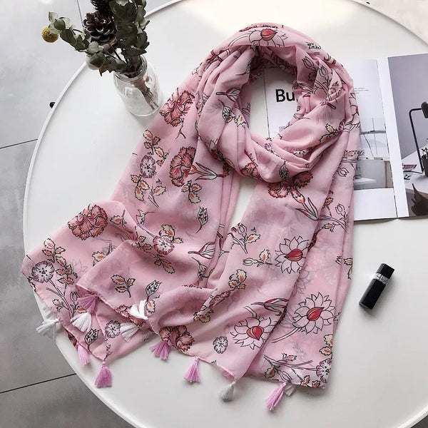 Pink Chiffon Print Tassel Scarf