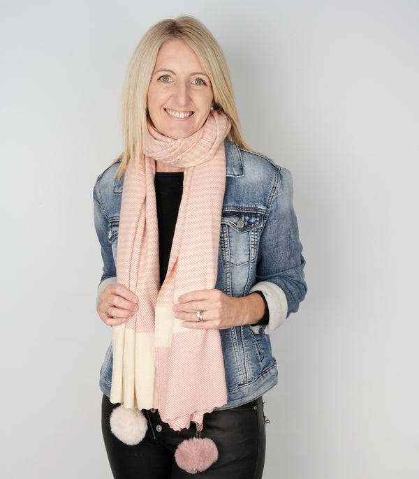 Winter | Ladies | Pom Pom Pink & White Stripe Scarf