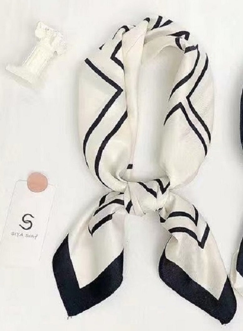 White & Black Abstract Satin Silk Look Scarf