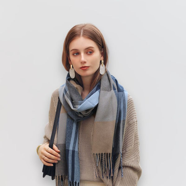 Ladies Beige, Light Blue and Grey Check Scarf