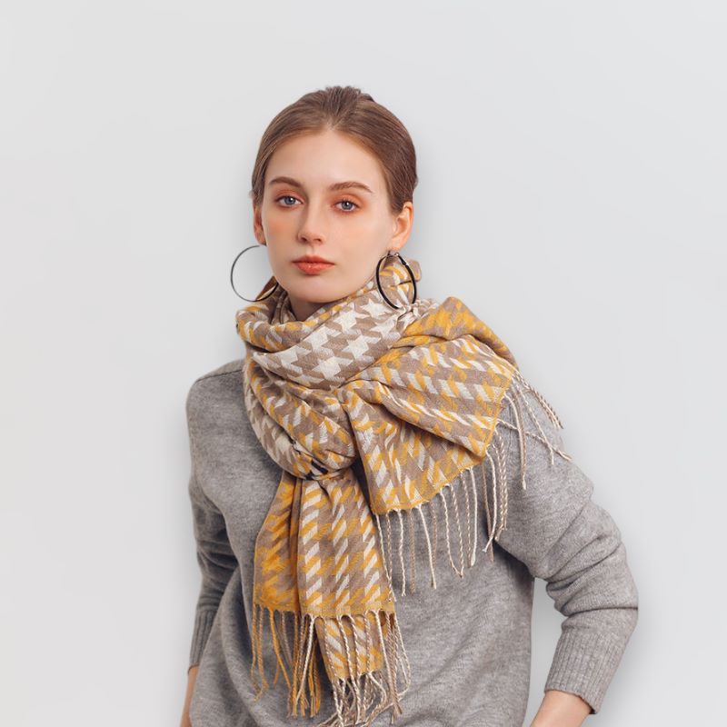 Ladies Yellow, Beige and White Houndstooth Scarf