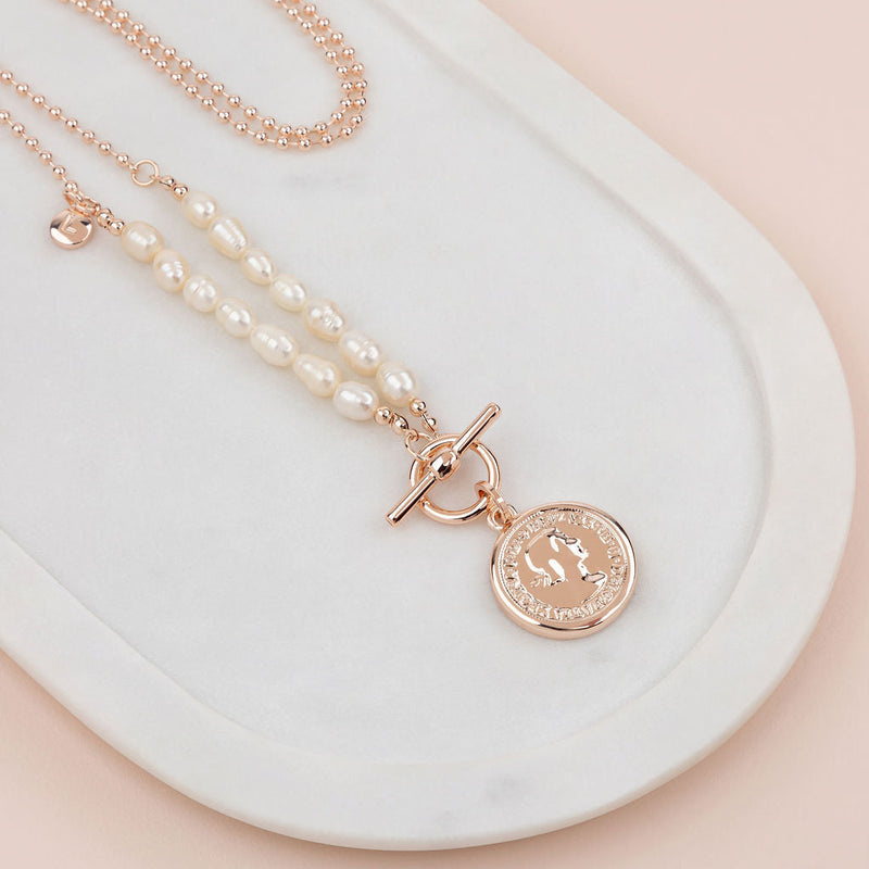 Rose Gold & Pearl Coin Necklace