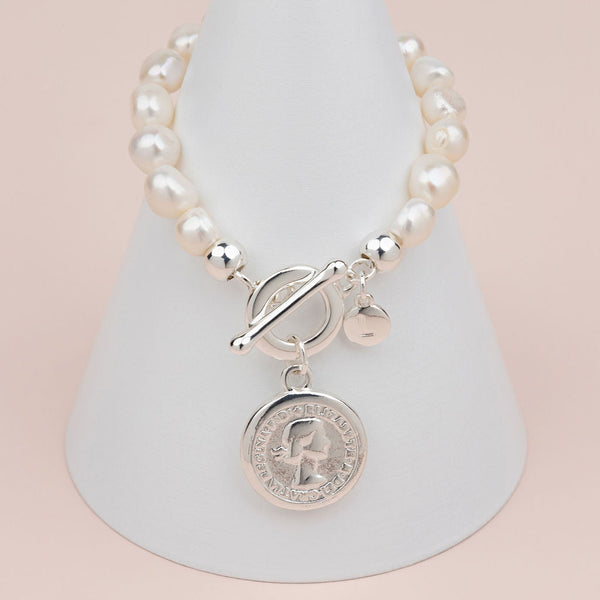 Silver Gold Coin Pearl Bracelet