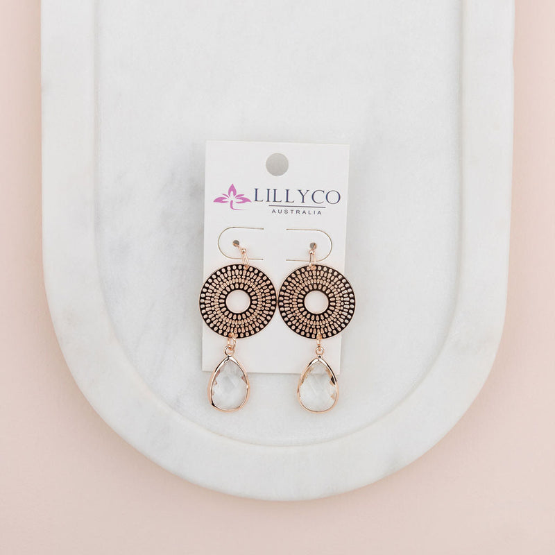Rose Gold Lacey Disc & Drop Crystal Earring