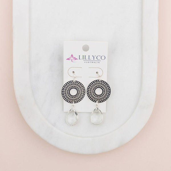 Silver Lacey Disc & Drop Crystal Earring